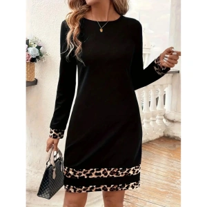 Kadın Uzun Kollu Bisiklet Yaka şerit Leopar Desenli Kısa Dalgıç Elbise