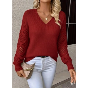 Kadın Uzun Kollu V Yaka Kol Delikli Baklava Desen Detaylı Triko Kazak