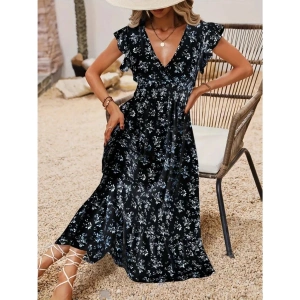 Kadın Kısa Kollu Kruvaze Yakalı Beli Lastikli çiçek Desenli Elbise