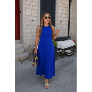 Kadın Sıfır Kollu Bisiklet Yaka Viskon Elbise