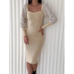 Kadın Kare Yaka Kolları Manşet Ve Tül Detay Fırsat ürün Midi Boy Elbise