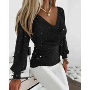 Kadın Uzun Kollu Degaje Yaka Taşlı Sandy Bluz