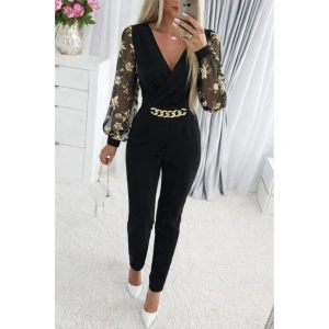 Kadın Uzun Kollu Kruvaze Yakalı Kolları çiçek Desenli Janjan Krep Tulum