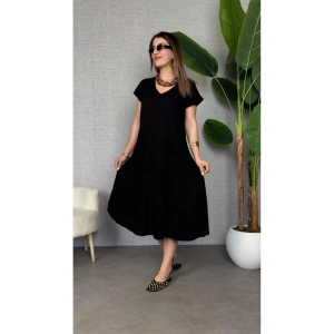Kadın Kısa Kollu V Yaka Salaş Maxi Boy Elbise