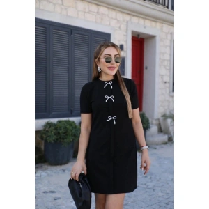 Kadın Kısa Kollu Bisiklet Yaka önden Fiyonk Detaylı Ithal Krep Elbise