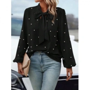 Kadın Uzun Kollu Yakadan Fiyonklu Incili Ithal Krep Bluz