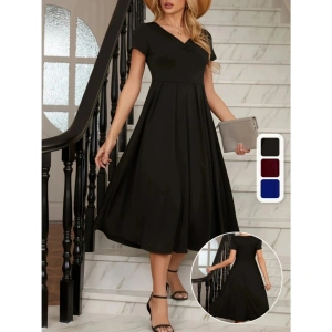 Kadın Kısa Kollu V Yakalı önden Pileli Midi Janjan Krep Elbise