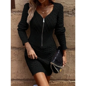 Kadın Uzun Kollu V Yakalı önden Fermuarlı Kısa Triko Elbise