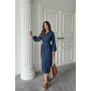 Mavi Tencel Uzun Kollu Elbise