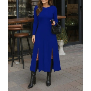 Kadın Uzun Kollu Hafif Kayık Yaka Sırt Dekolteli Yırtmaç Detaylı Viskon Tam Boy Elbise