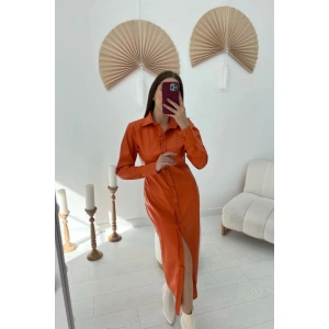 Pudra Boydan Düğmeli Deri Elbise