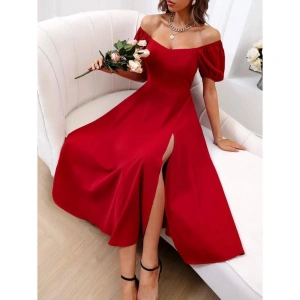 Kadın Kısa Kollu Kare Yakalı Yırtmaçlı Midi Janjan Krep Elbise