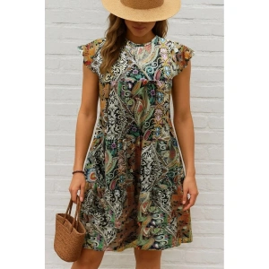 Kadın Kısa Kollu Kolları Fırfırlı Bisiklet Yakalı Kare Desenli Elbise