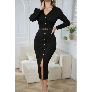 Kadın Uzun Kollu V Yakalı önden Düğmeli Yırtmaçlı Modal Midi Kemersiz Elbise