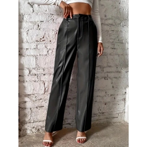 Kadın önden Fermuarlı Cepli Geniş Kesim Lame Deri Pantolon