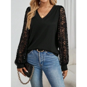 Kadın Uzun Kollu V Yakalı Dantelli Viskon Iki Iplik Bluz