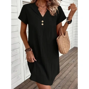 Kadın Kısa Kollu V Yakalı Düğmeli Müslim Kısa Elbise
