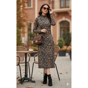 Kadın Uzun Kollu Balıkçı Yaka Leopar Desenli Midi Boy Elbise
