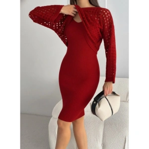 Kadın Uzun Kollu Delikli Kazak Askılı Elbise Triko Ikili Takım