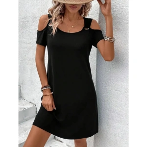 Kadın Askılı Omuzlardan Açık Kısa Kollu Kuş Gözü Detaylı Viskon Elbise