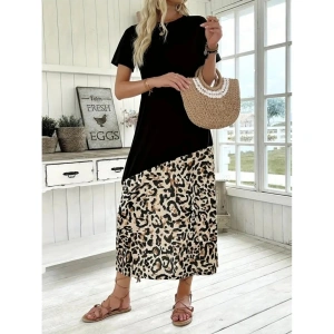 Kadın Kısa Kollu Bisiklet Yaka Leopar Detaylı Midi üst Viskon Alt Süprem Elbise