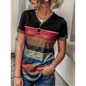 Kadın Kısa Kollu V Yakalı Düğmeli çok Renkli Süprem Bluz
