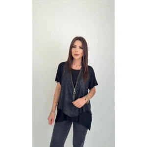 Kadın Kısa Kollu Yuvarlak Yaka Viskon Bluz + Kolsuz Fermuarlı çatlak Deri Yelek