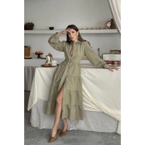 Ekru Çizgi Desenli Uzun Elbise