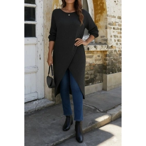 Kadın Uzun Kollu Bisiklet Yakalı önden çapraz Kesim Detaylı Midi Triko Elbise