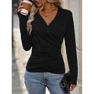 Kadın Uzun Kollu Kruvaze Yaka Yanlardan Büzgülü Viskon Bluz