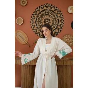 Kahverengi Baskı Detay Keten Sabahlık