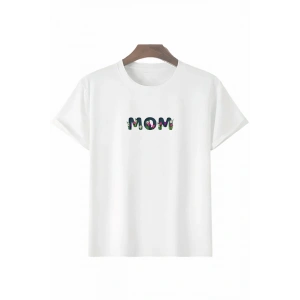 Anneler Gününe Özel Tasarım Mom Çiçek Baskılı T-shirt - Beyaz