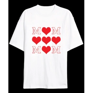 Anneler Gününe Özel Tasarım MOM Kalp Baskılı T-shirt - Beyaz