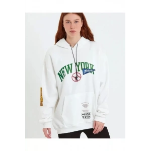 Baskılı Kapüşonlu Sweatshirt - Beyaz