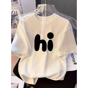 Baskılı Oversize Bisiklet Yaka T-shirt - Beyaz