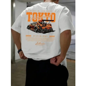 Baskılı Oversize Bisiklet Yaka T-shirt - Beyaz