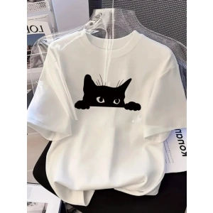 Baskılı Oversize Bisiklet Yaka T-shirt - Beyaz