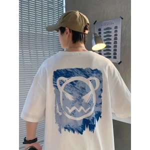 Baskılı Oversize Bisiklet Yaka T-shirt - Beyaz