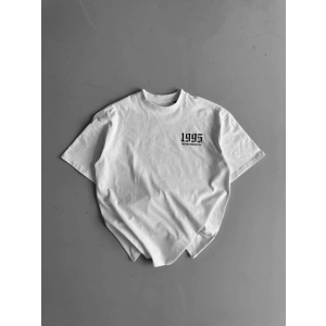 Baskılı Oversize Bisiklet Yaka T-shirt - Beyaz