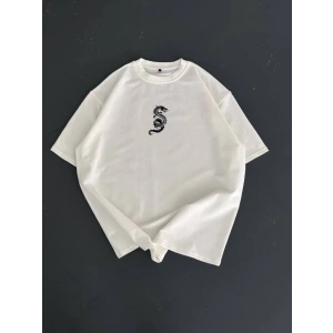 Baskılı Oversize Bisiklet Yaka T-shirt - Beyaz