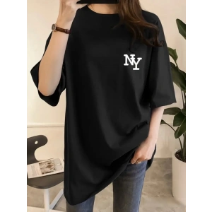 Baskılı Oversize Bisiklet Yaka T-shirt - Siyah