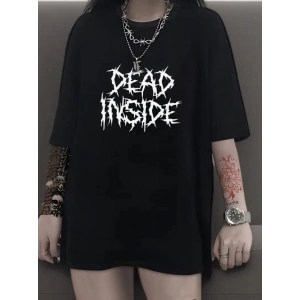 Baskılı Oversize Bisiklet Yaka T-shirt - Siyah