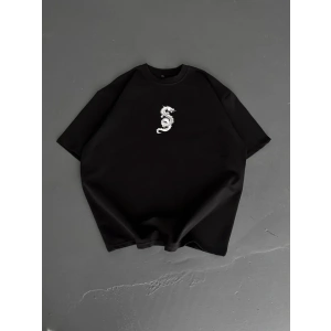 Baskılı Oversize Bisiklet Yaka T-shirt - Siyah