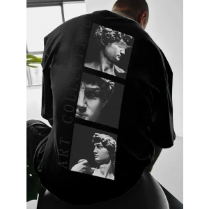 Baskılı Oversize Bisiklet Yaka T-shirt - Siyah