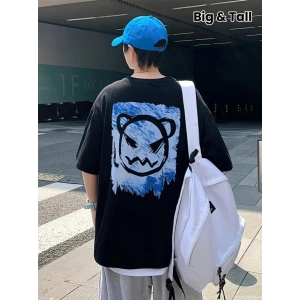 Baskılı Oversize Bisiklet Yaka T-shirt - Siyah