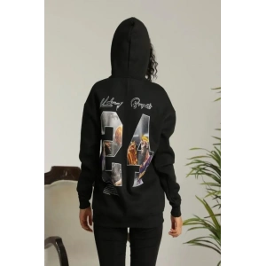 Baskılı Oversize Üç İplik Kapüşonlu Sweatshirt - Siyah