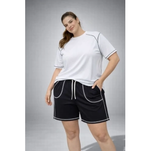 Battal Beden Kısa Kollu Tişört Şort Takım Kontrast Dikiş Detaylı Günlük Ev Giyimi - Beyaz