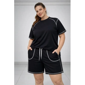 Battal Beden Kısa Kollu Tişört Şort Takım Kontrast Dikiş Detaylı Günlük Ev Giyimi - Siyah