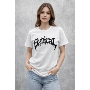 Bisiklet Yaka Ön Baskılı Kısa Kollu Tişört Streetwear Günlük Basic Pamuklu T-shirt - Beyaz