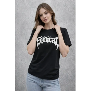 Bisiklet Yaka Ön Baskılı  Kısa Kollu Tişört Streetwear Günlük Basic Pamuklu T-shirt - Siyah